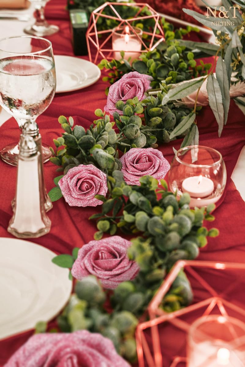 N&T NIETING Artificial Flowers Glowing Dark Pink Flowers Foam 25pcs Glitter Roses Real Looking Fake Roses with Stem for DIY Wedding Bouquets Centerpieces Bridal Shower Party Home Decorations