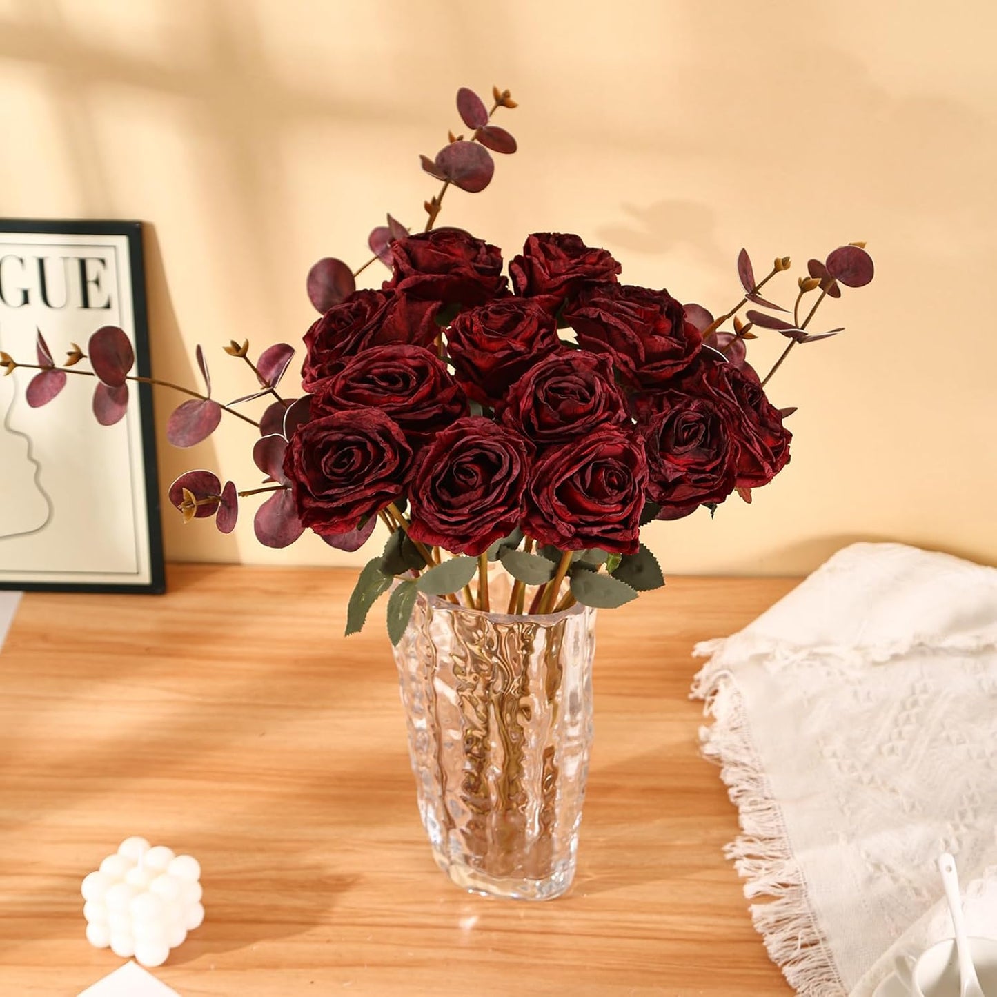 Kimura's Cabin 12pcs Fall Faux Roses Flowers with Stem Vintage Artificial Silk Rose Bouquet Realistic Fake Roses Dried Flower for Valentines Home Centerpiece Wedding Party DIY Decoration (Dark Red)