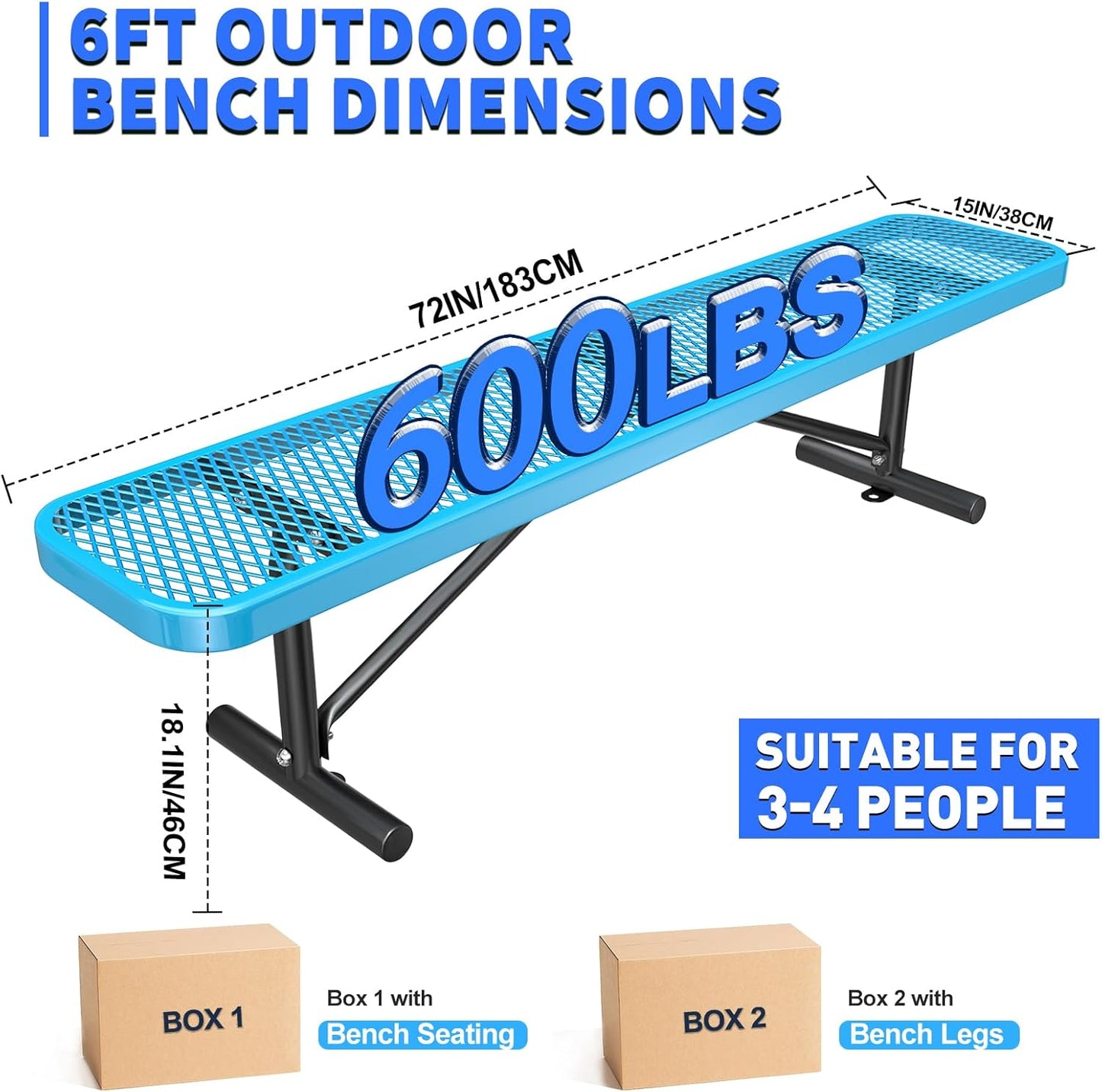 Heavy-Duty Park Bench or Table for Outside - Black Coated Outdoor Furniture Steel Bench, Commercial-Grade Outdoor Benches Weatherproof for Park, Patio, Porch (Blue, 6FT (Without Backrest))