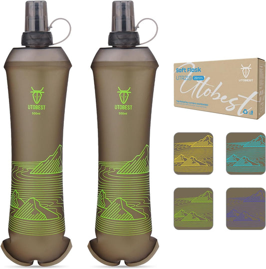 UTOBEST 500ml Soft Flask, 2 Pack Flexible TPU Hydration Water Bottle, Collapsible with 28mm Caliber for Running, Hiking, Cycling, Climbing, and Marathon Green