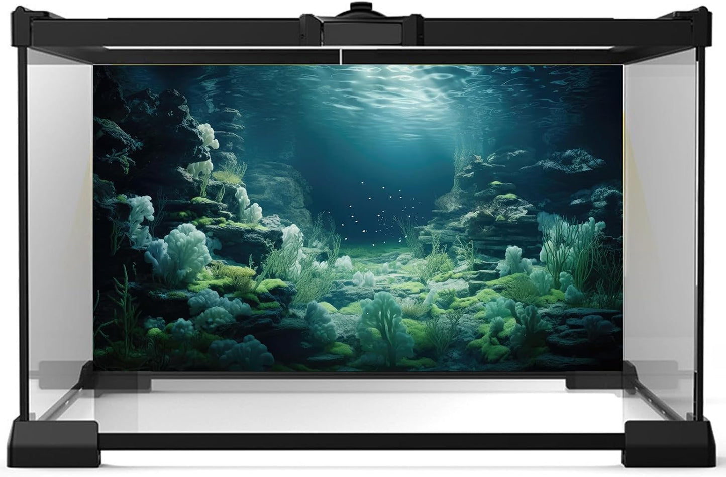 Aquarium Background Underwater Bioluminescent Life Coral Terrarium Backdrop White Coral Lush Moss Fish Tank Background Rock Sunlight Rays Tank Aquarium Wallpaper Poster Vinyl 30x12in