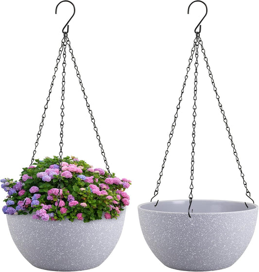 10 inch Hanging Planters for Indoor Outdoor Plants, 2 Pack Hanging Flower Pots with Drainage Holes and Chain for Garden Porch, Plastic Hanging Baskets for House Plants, Speckled Grey