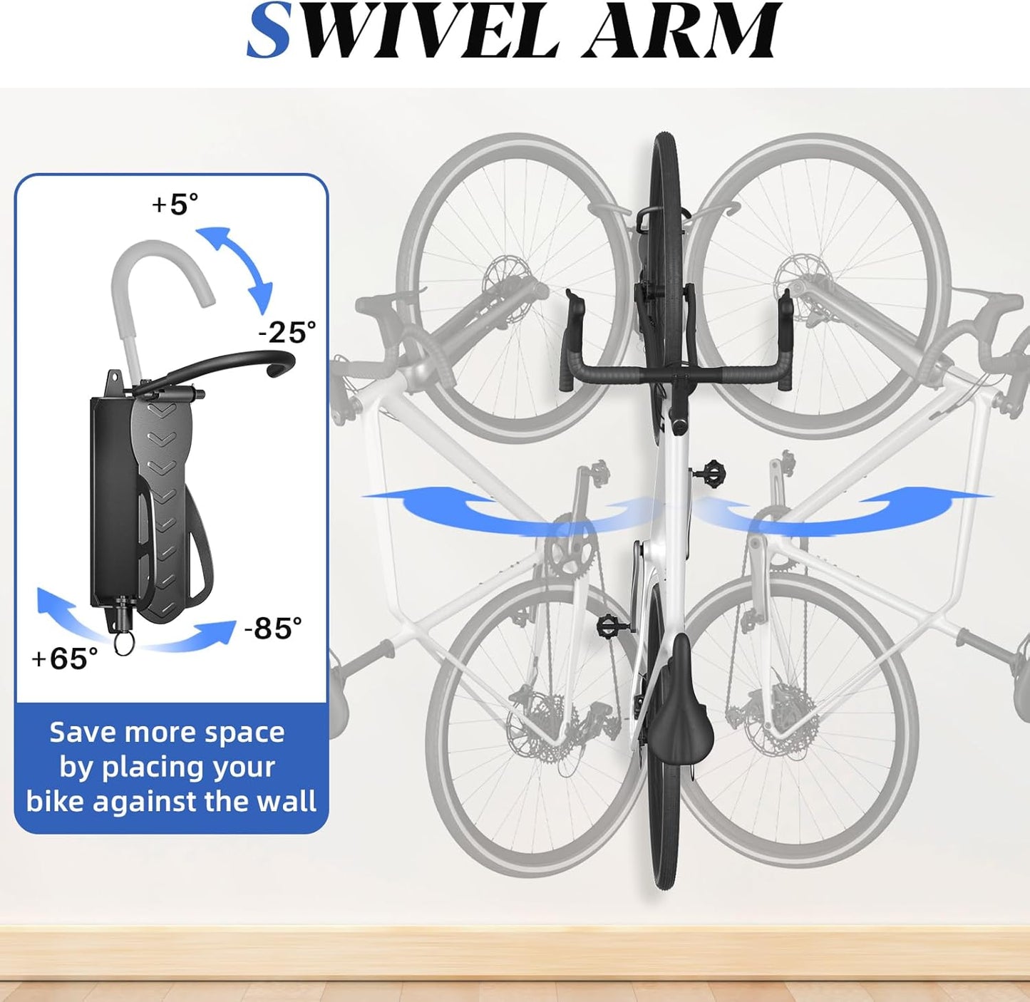 Goovilla Swivel Bike Wall Mount 2 Pack, Space Saving Bike Hangers for Garage with Screw and Easy Installation, Metal Vertical Bike Rack Wall Mount Holds up to 66.2lbs with No-scratch Protection, Black