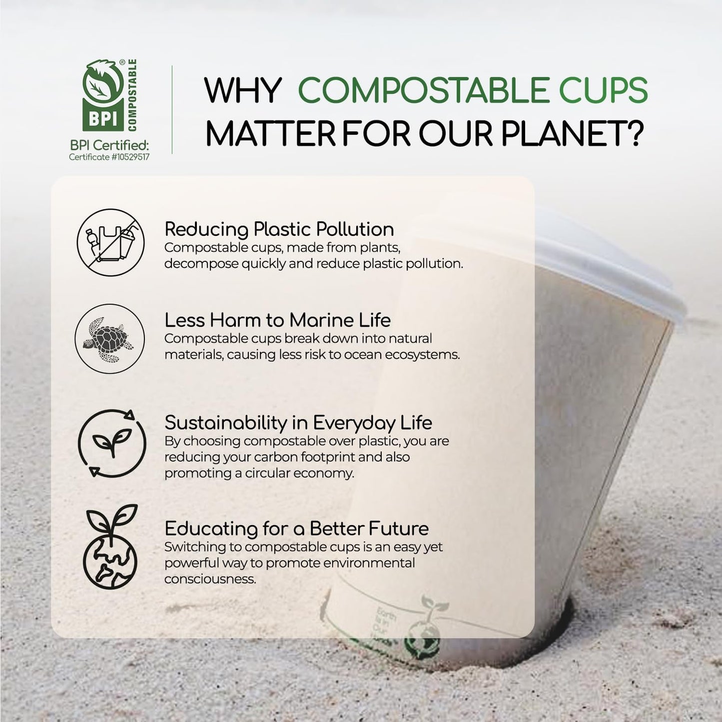 Living Balance Certified Compostable Coffee Cups with Lids 16 oz – 75 Pack Cups with Stirrers & Integrated Sleeves | Leak Proof, BPA-Free & CPLA Certified Plant-based | To-Go cup for Hot & Cold Drinks