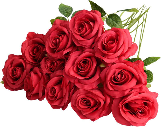 Fake Roses Not Bend The Peduncle Artificial Flowers Fake Flowers with Stems for DIY Wedding Bouquets Bridal Shower Centerpieces Arrangements Tables Decorations (24pcs,Ruby Red)