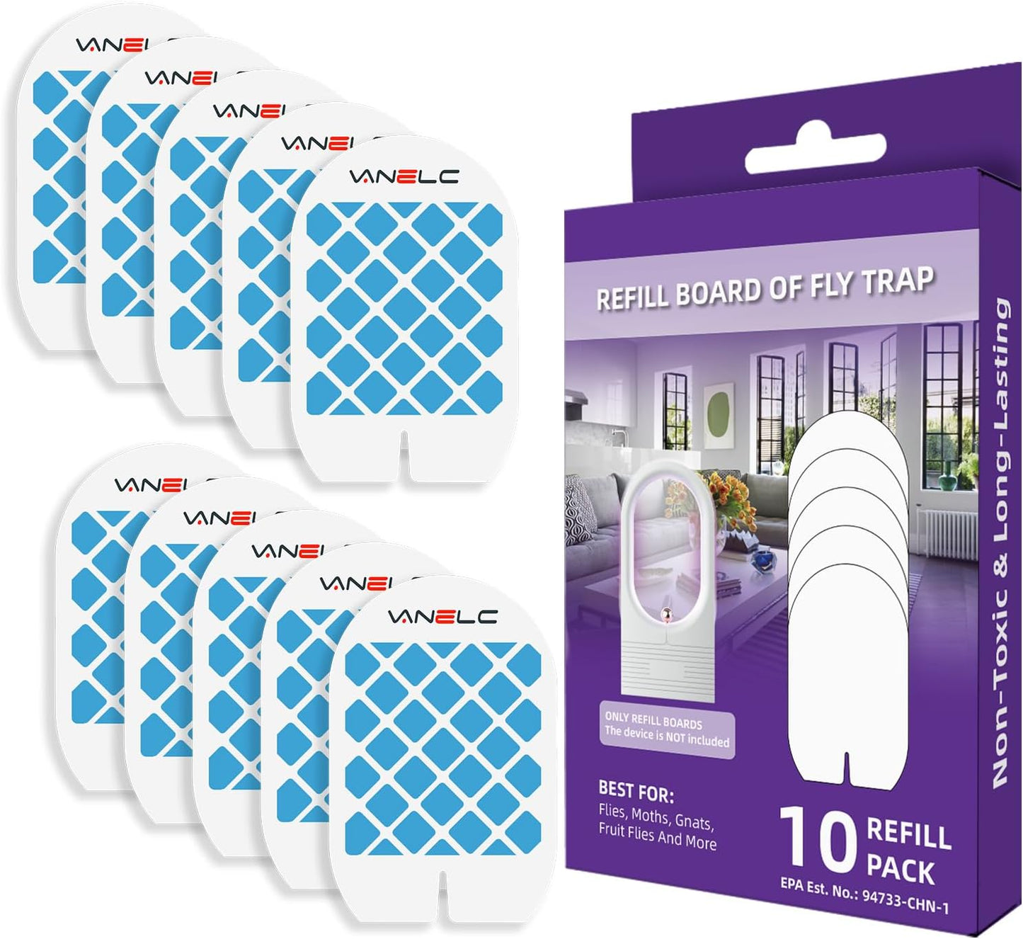 10 Pack Refills for Flying Insect Trap, Indoor Fly Trap for Moth, Gnat Killer Indoor, Bug Killer (Device Not Included) (Refill - 10 Double Sided Glue Cards)