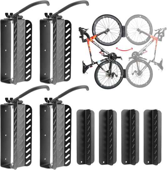Bike Wall Mount Vertical, Swivel Bike Hangers For Garage, Bike Rack Garage Wall, Bicycle Hooks, Garden Indoor Outdoor Storage, All Metal (4Pack)