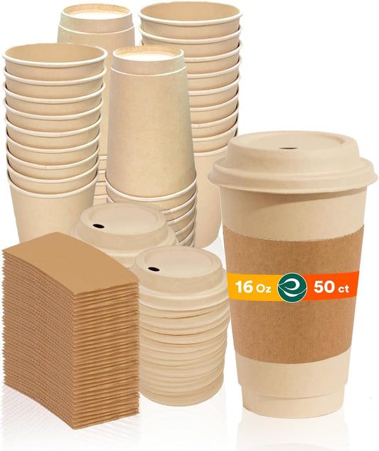 ECO SOUL 100% Compostable Coffee Cups With Lids & Sleeves - 16Oz (50 Counts) To Go Coffee Disposable Bagasse Cups |Sturdy & Eco-Friendly Cups for Cafes, Party, Office