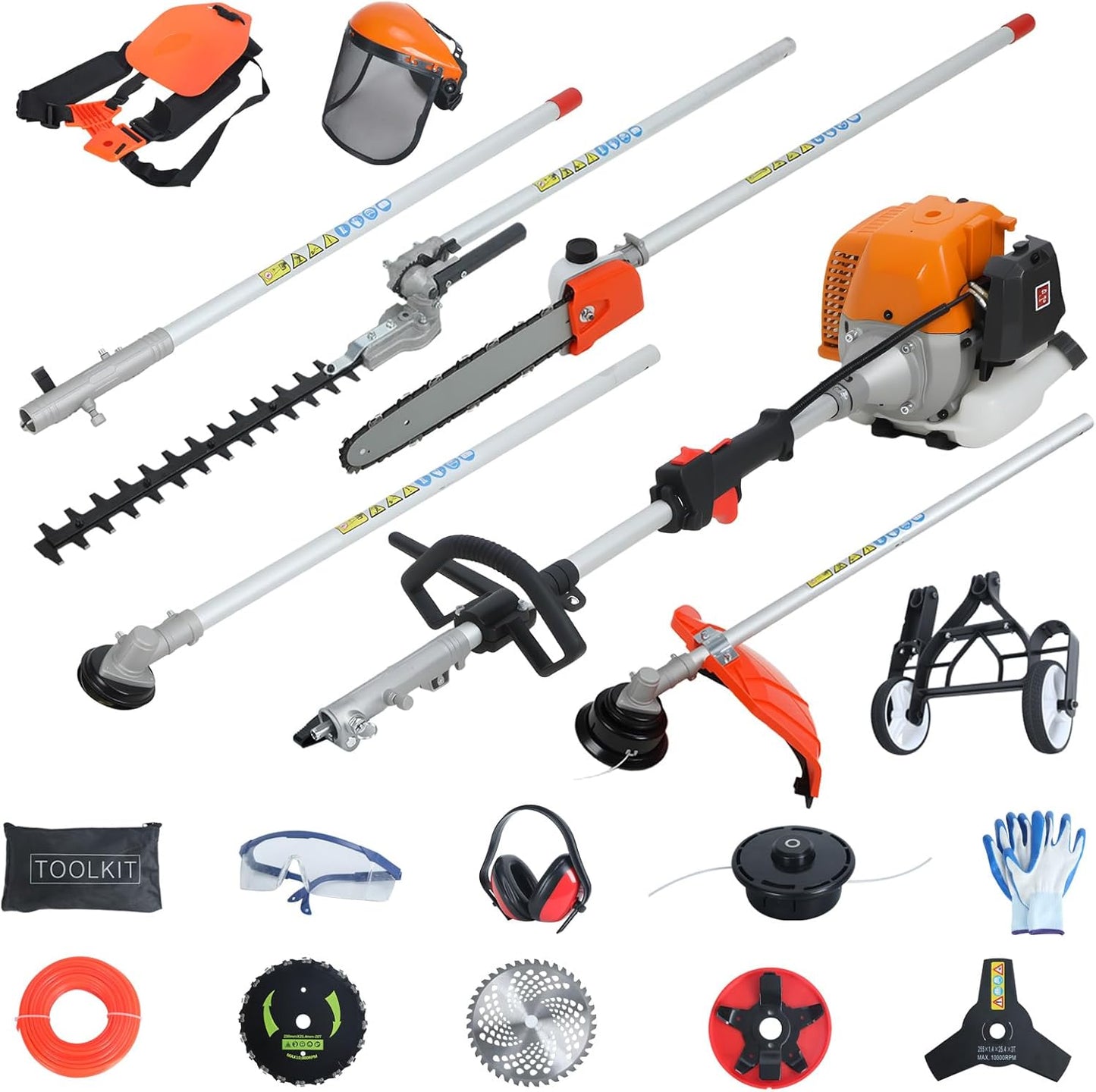 52cc 2-Cycle Gas Weed Wacker,8 in 1 Gas Powered Weed Eaters,2025 Upgrade 9500rpm String Trimmer,Weed Eater, Brush Cutter, Edger,Pole Saw Chainsaw with Extension Pole,Gas Powered Yard Tool (Orange)