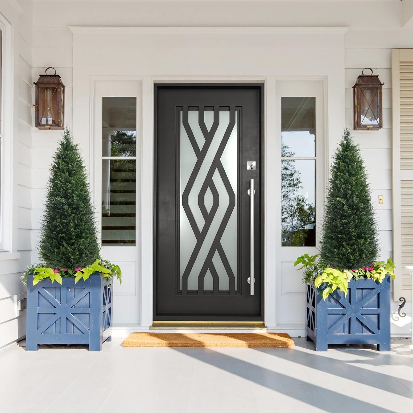 Two 4ft Artificial Plants Topairy Faux Cedar Trees for Outdoor Planters, 48IN Tall Fake Pine Bushes UV Resistant Large Potted Shrubs for Front Porch Décor