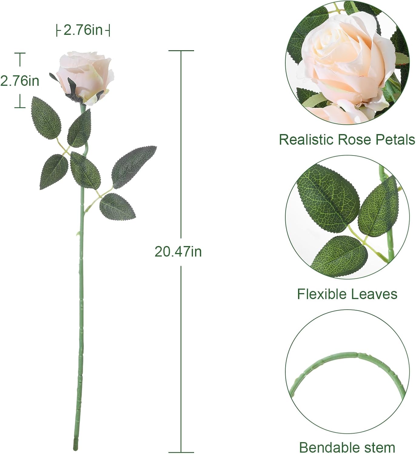 12Pcs Realistic Fake Cream Roses Faux Flowers with Long Stems, Artificial Silk Rose Flowers for Valentines Day Home Wedding Decor Bridal Bouquet