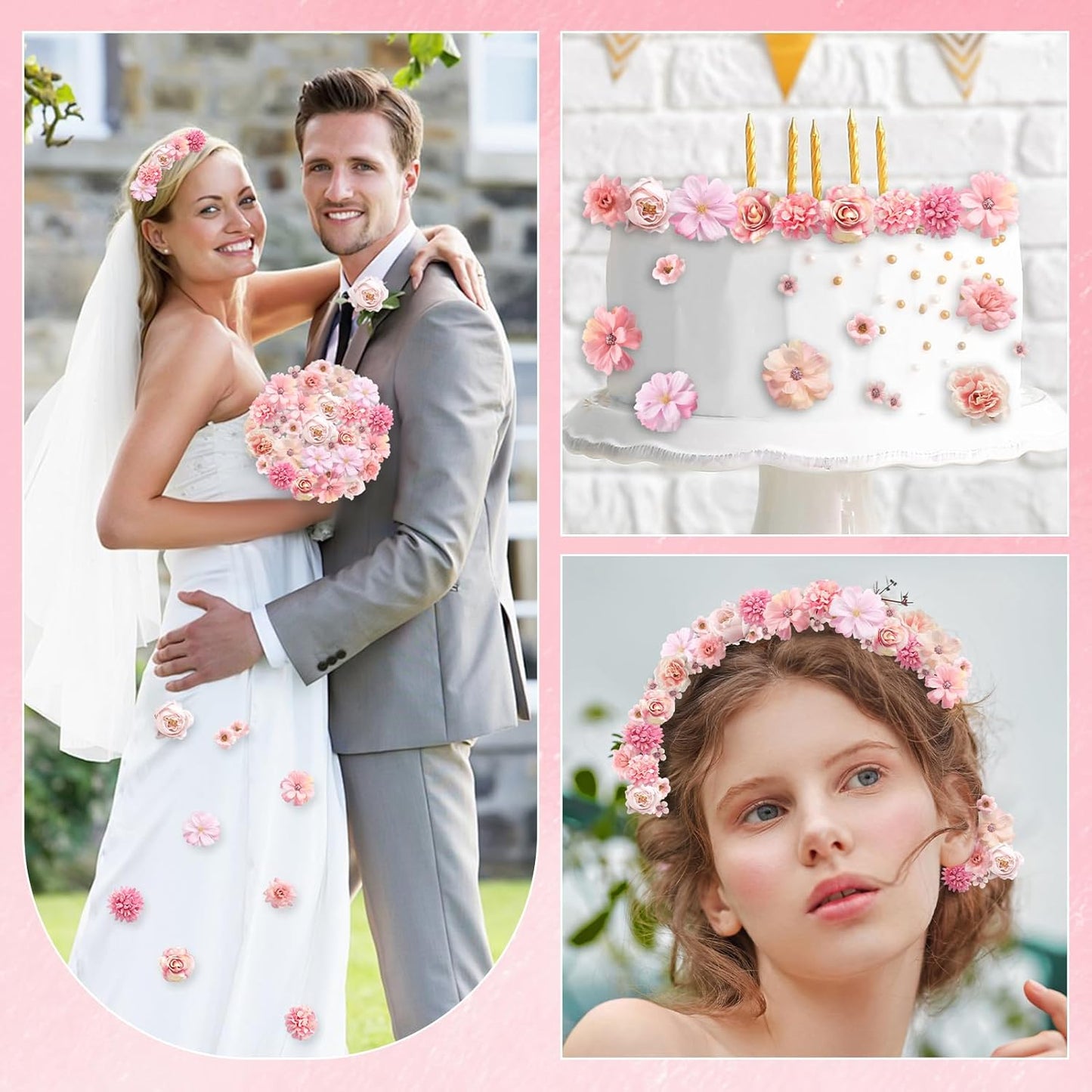 Faux Flower Heads Mini Pink Artificial Flower Heads Fake Peony Daisy Rose Flowers Multicolor Small Silk Daisy Flower Heads for Craft Garland Wedding Party DIY Home Decoration,2-4 cm