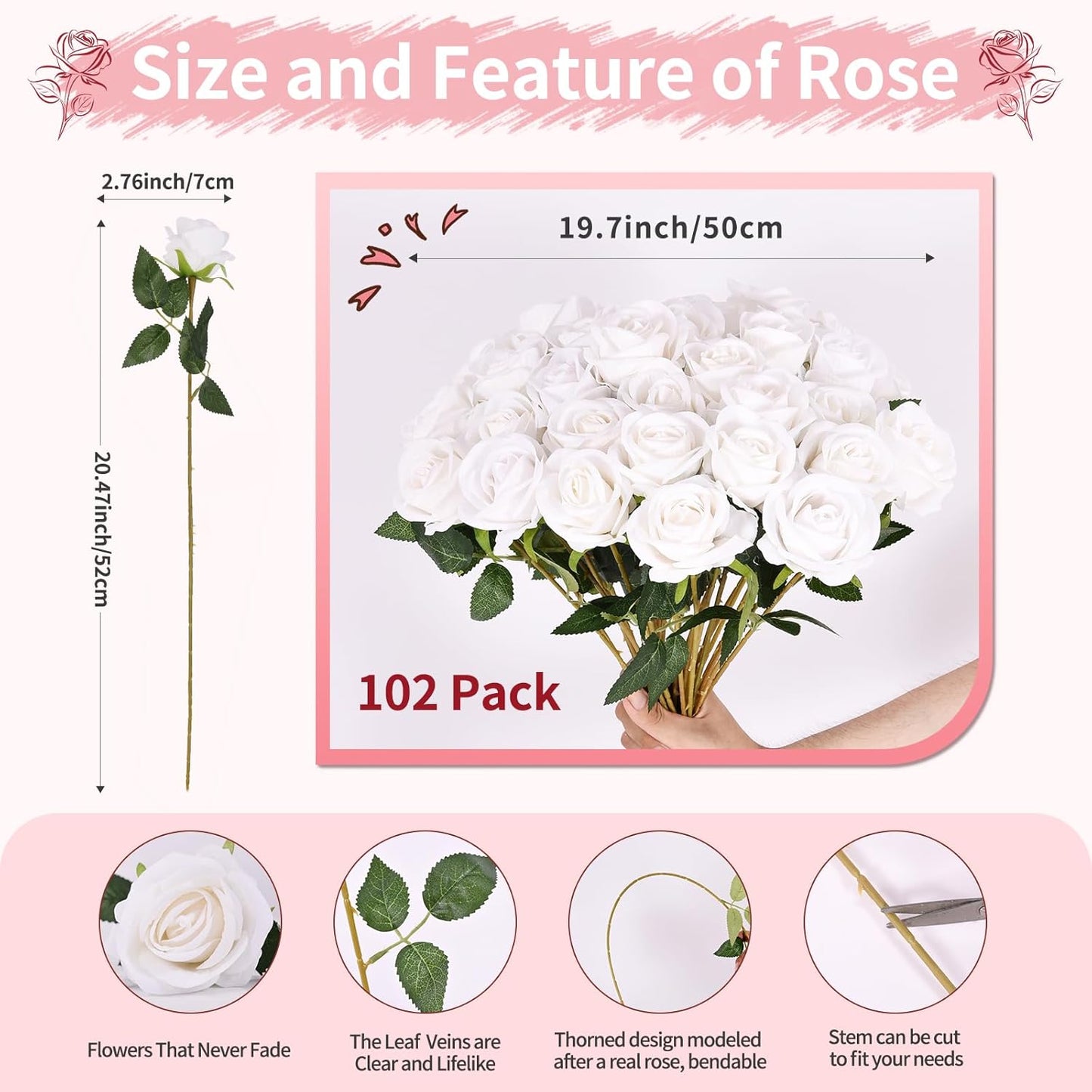 102 PCS Fake Roses Artificial Flowers Bulk, White Roses Bridal Bouquet Silk Faux Rose with Stems for Wedding Flowers Decoration, Valentine's Day, Bridal Bouquet, Anniversary,Home Decor(102PCS, White)