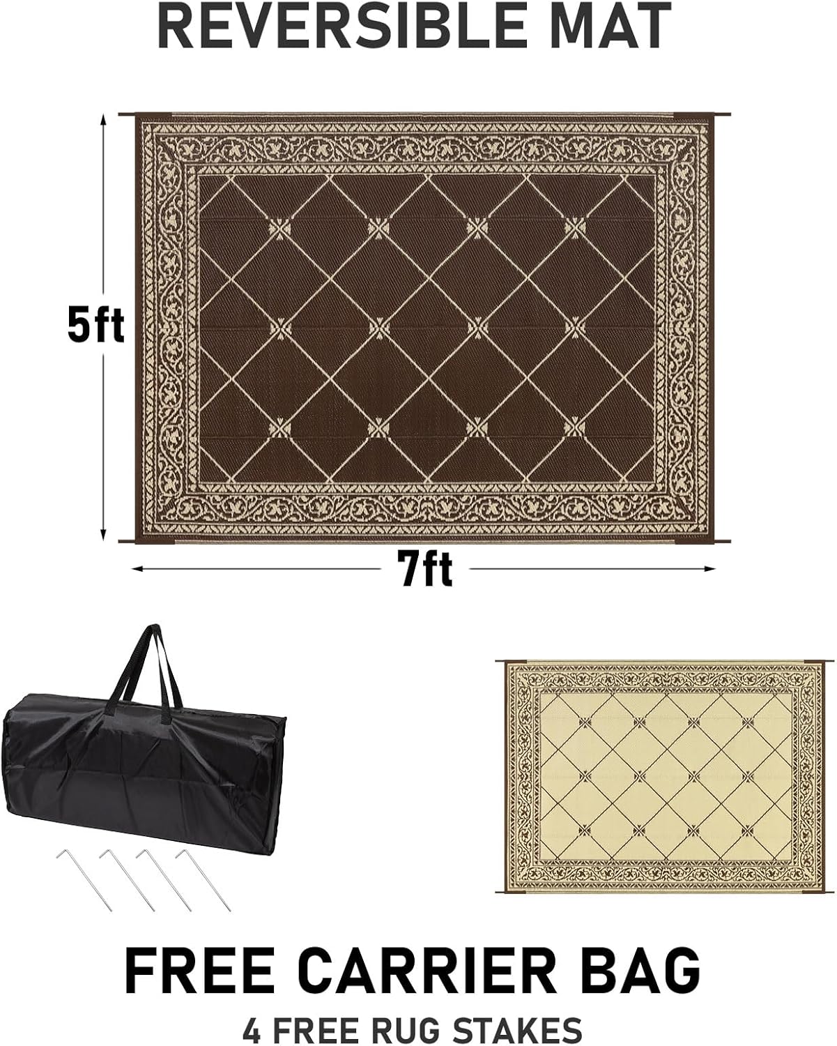 HiiARug Reversible Outdoor Rug 5'x7' Plastic Straw Rugs for Patios RV Camping Mat Reversible Mats Large Floor Mat for RV Outside, Backyard, Deck, Picnic, Beach, Trailer, Camping