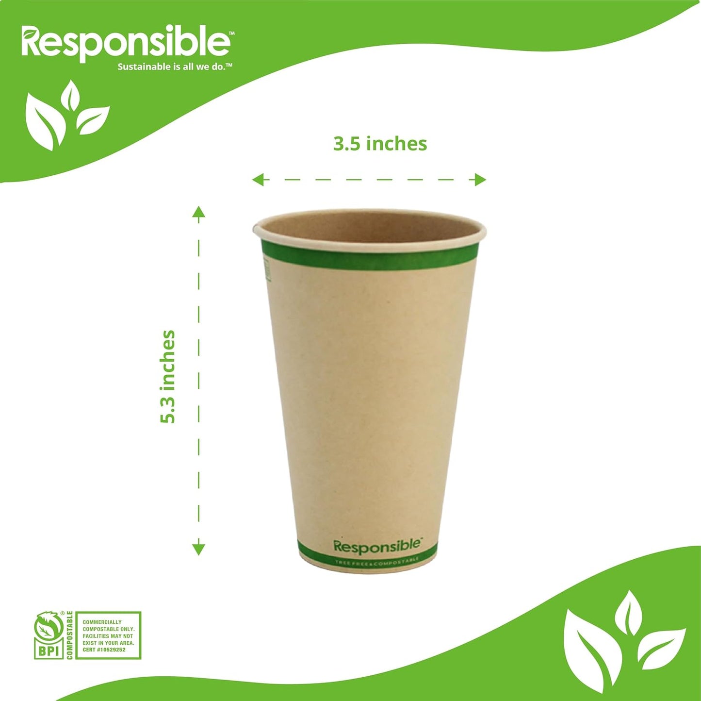Certified Compostable 16 oz Paper Cups, Cold ＆ Hot Coffee Cups, Disposable Paper Cups, Extra Strength Disposable Cups, Made without PFAS (50 count)