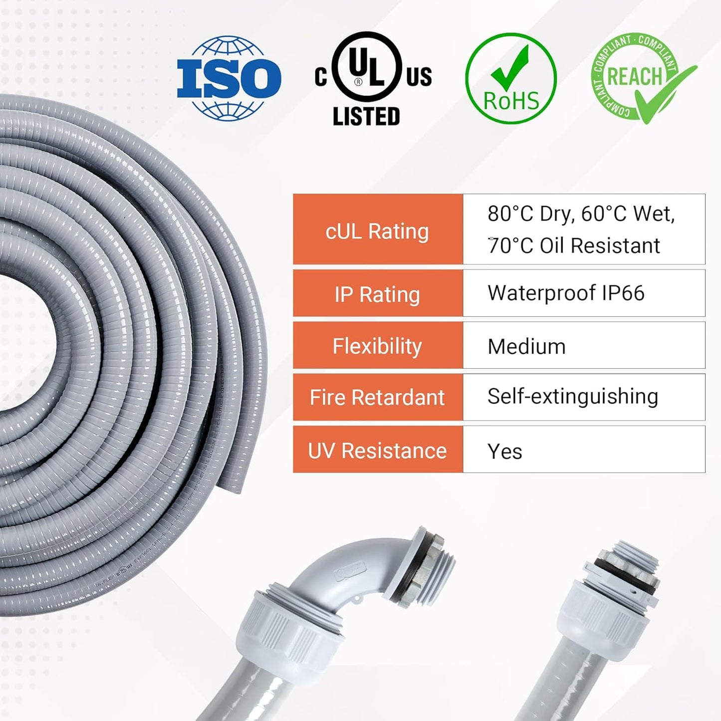1/2" Liquid-Tight PVC Conduit Kit, 100ft with 10 Connectors, Grey, 5 Straight & 5 90-Degree Fittings, UL Certified, Flexible, Easy Installation, Multi-Application
