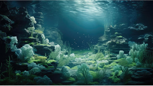 Aquarium Background Underwater Bioluminescent Life Coral Terrarium Backdrop White Coral Lush Moss Fish Tank Background Rock Sunlight Rays Tank Aquarium Wallpaper Poster Vinyl 72x24in