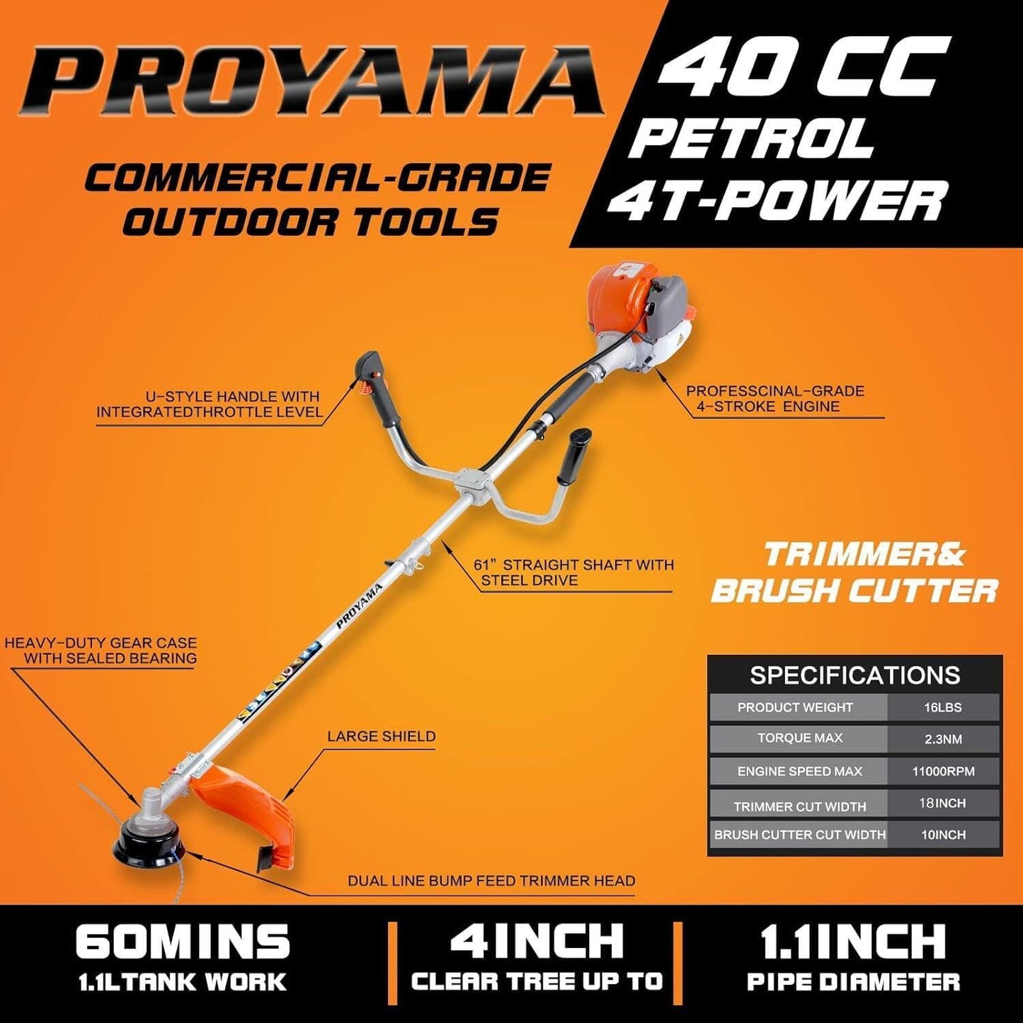 PROYAMA 40cc Gas Powered Brush Cutter, 4-Cycle Weed Eater, 3 in 1 Dual Line Gas String Trimmer and Grass Trimmer, Weed Wacker Extreme Duty…