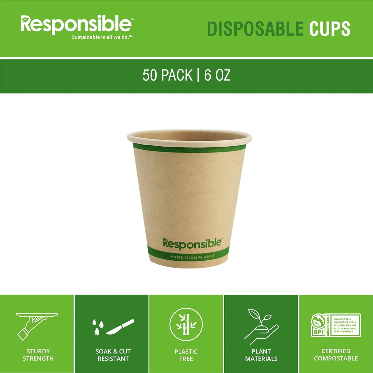 Certified Compostable 6 oz Paper Cups, Cold ＆ Hot Coffee Cups, Disposable Paper Cups, Extra Strength Disposable Cups, Made without PFAS (50 count)