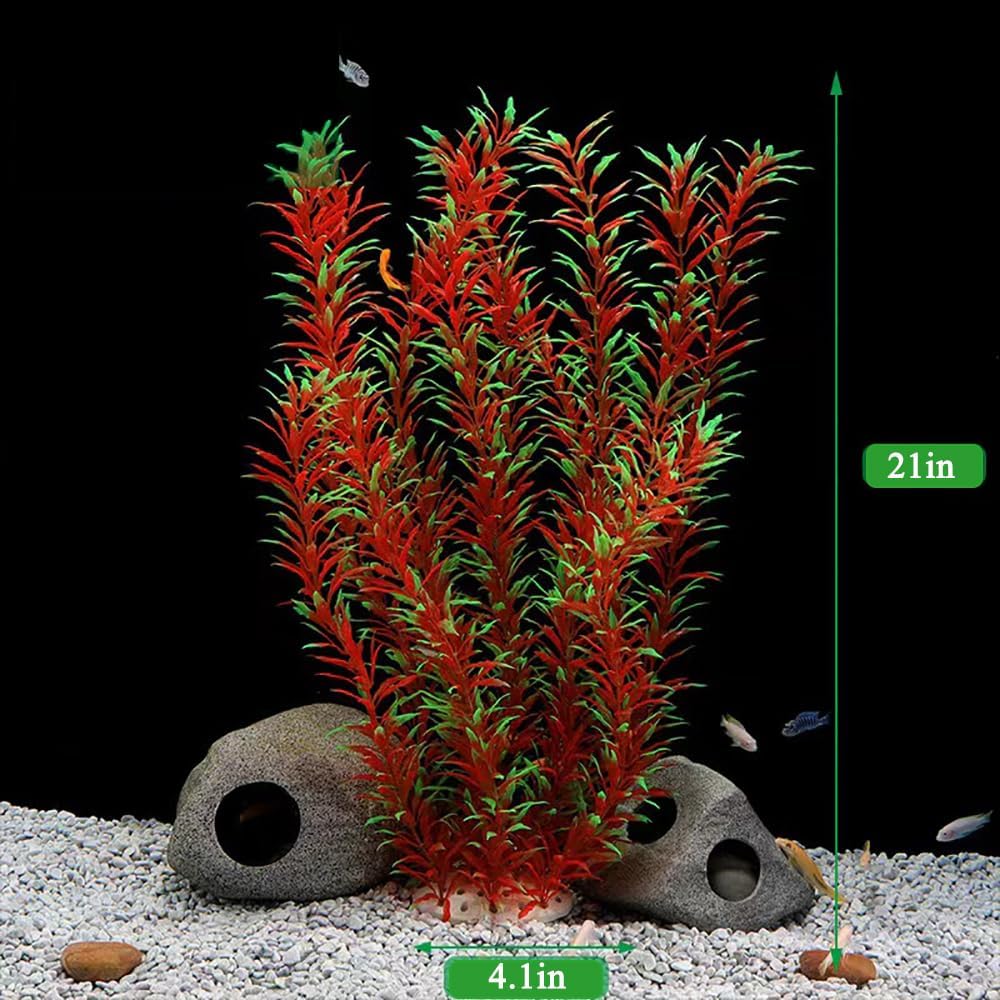DSkoiph 2 pcs Aquarium Decor Plastic Plants Extra Large 21 Inches Artificial Fish Tank Plants Tall Fish Tank Decorations Artificial Green Water Plants (Wine)
