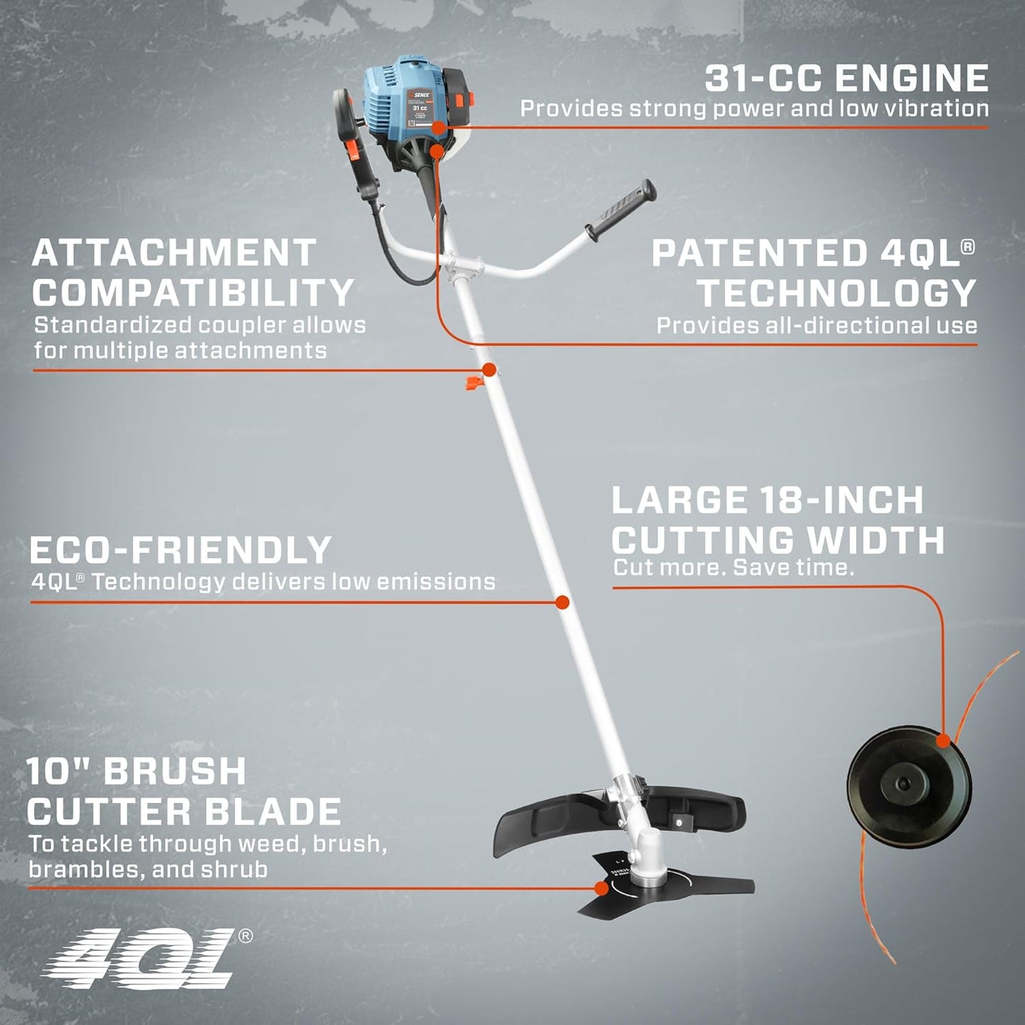 SENIX GTBCU4QL-M 4QL 31 cc Gas Brush Cutter, 4-Cycle String Trimmer and Edger Lawn Tool with Straight Shaft, Front D-Handle, Bump Feed, 17.7 Inch Cutting Width