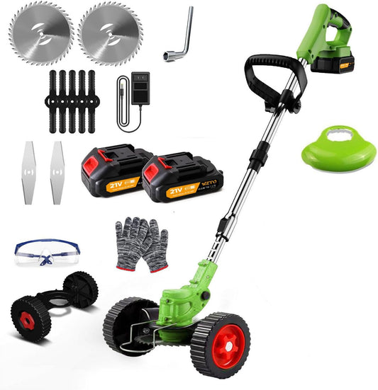 21V Electric Weed Wacker Eater Battery Powered, Cordless Weed Trimmer with 2 Battery Operated & Wheels, 3 in 1 Lightweight Grass Trimmer/Edger/Brush Cutter for Garden Yard Lawn