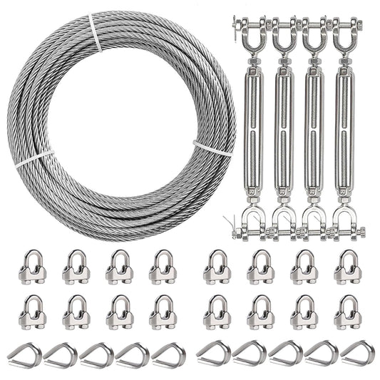 1/4" Wire Rope Kit, 50ft Stainless Steel Cable with 4Pcs 1/4 Turnbuckle, Clamp & Thimble, 7x19 Strands Heavy Duty Metal Cable,1400 lbs Load Limit, Turnbuckles for Cables Wire, Zipline