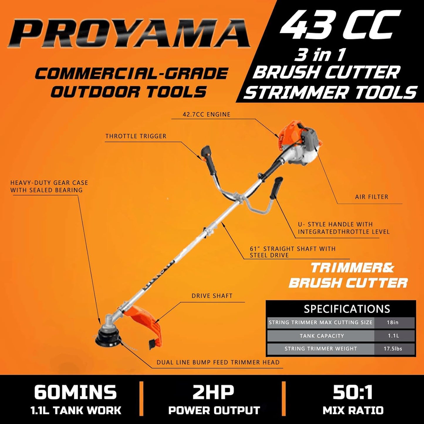 PROYAMA 42.7cc Gas Weed Wacker, 3 in 1 Weed Eater Gas Powered, Brush Cutter and Gas String Trimmer 2-Cycle Extreme Duty, 5 Year Warranty Gearbox, Grass Trimmer 2025 Upgraded…