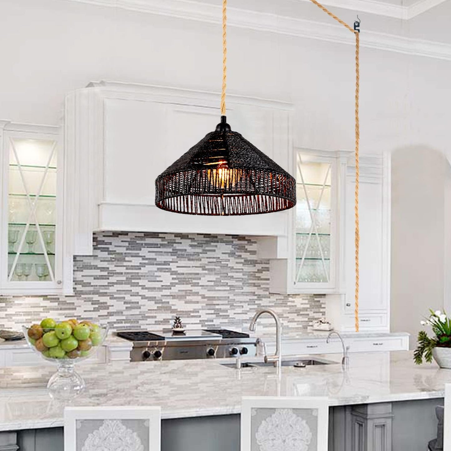 Plug in Pendant Light Rattan Hanging Lamp with On/Off Switch 15 Ft Hemp Rope Modern Woven Pendant Light Fixtures 12" Handwoven Rattan Basket Shade Boho