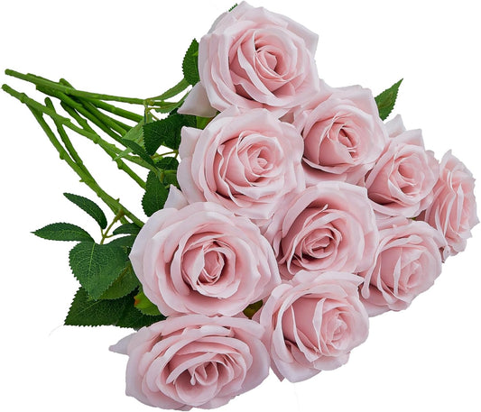 Artificial Rose 10pcs Open Flower Bouquet Faux Rose Stems for Wedding Arrangement, Bridal Bouquet, Centerpiece, Fake Faux Silk Flowers (Dusty Pink)