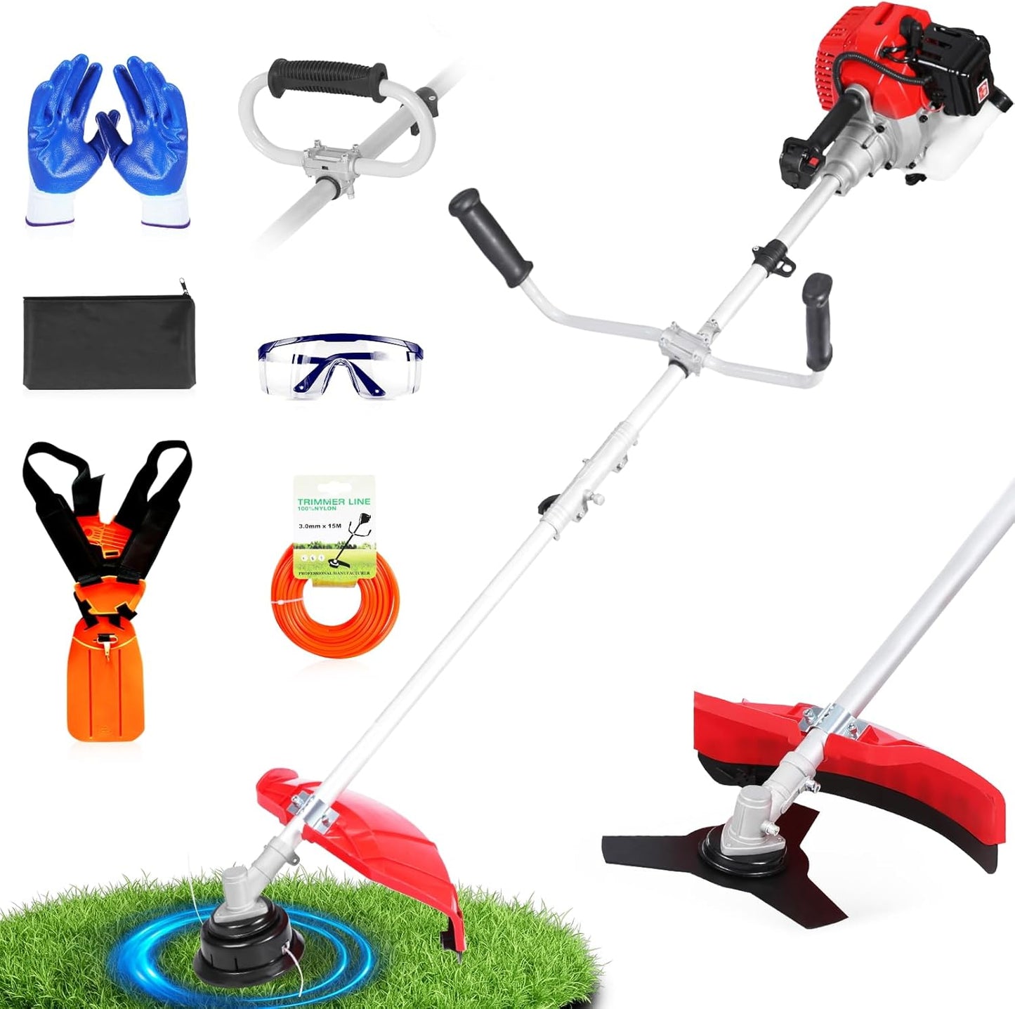 52cc Gas Powered Weed Eater and Brush Cutter 3-in-1, Heavy Duty Straight Shaft String Trimmer with Harness and 2 Heads for Tough Weeds, Grass, and Land Clearing (PT6082)