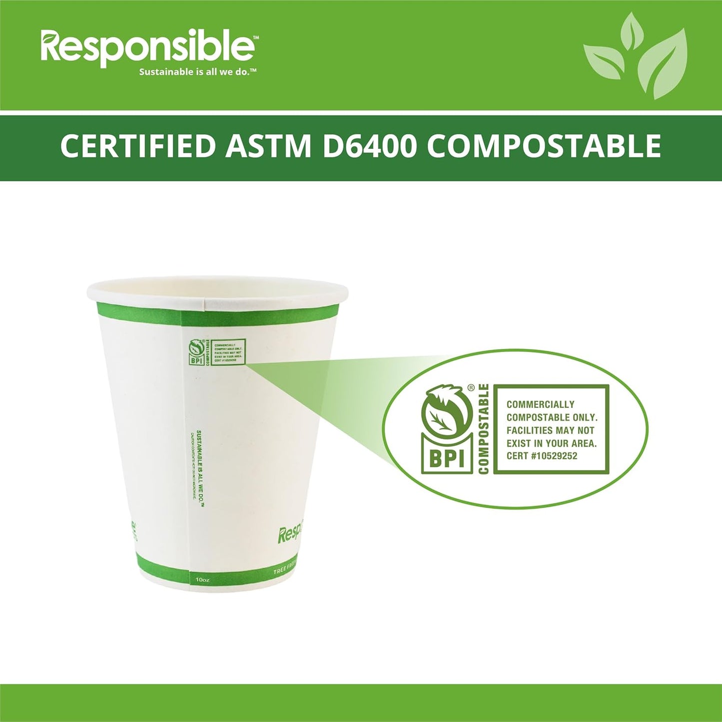 10 oz Paper Hot Cups, Tree-Less™ Compostable Paper Coffee Cups, Extra Strength, Tree-Free and Made Without PFAS, White (1000 Count)