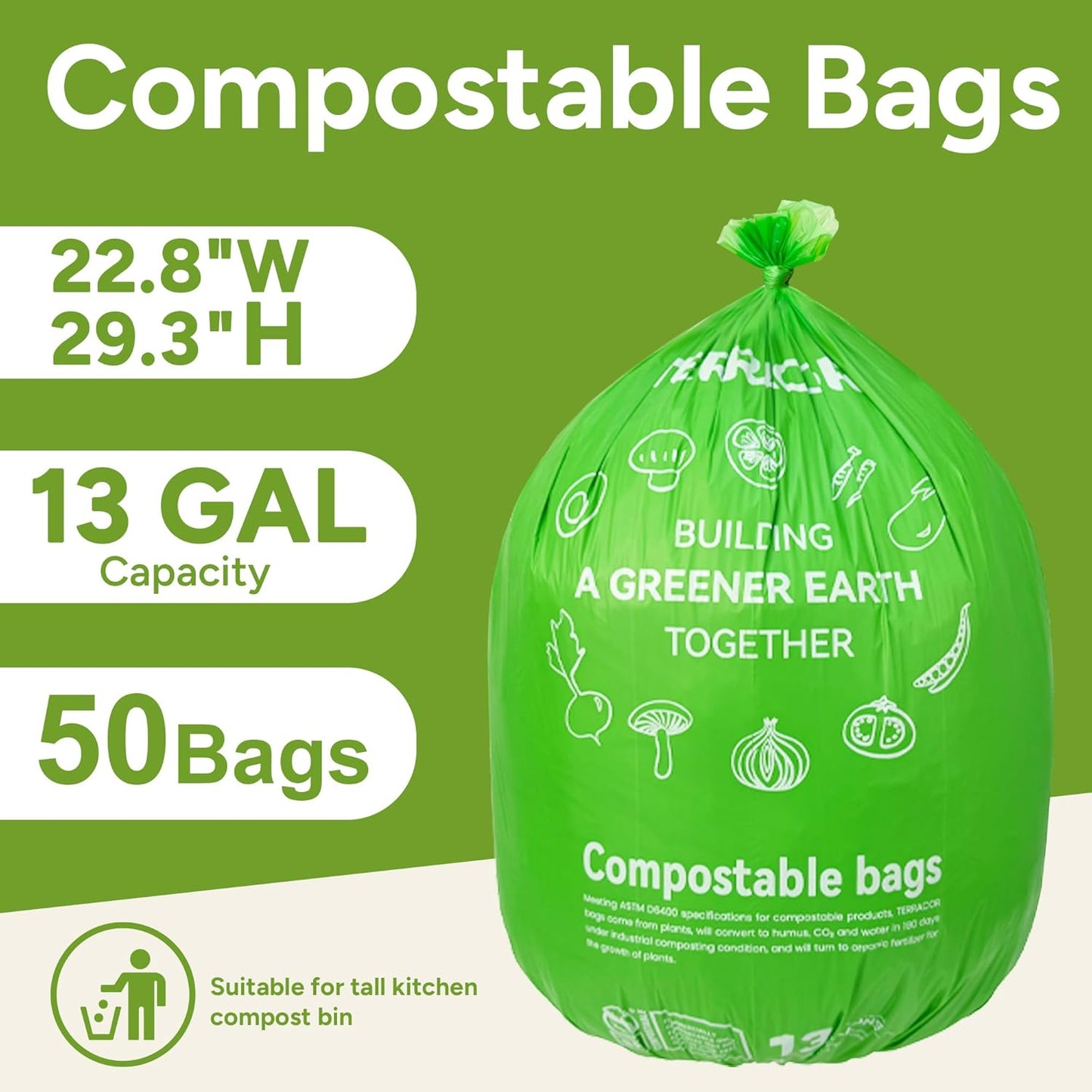 13 Gallon Compostable Trash Bags,50 Count, Heavy Duty Tall Kitchen Food Scrap Waste Bag,Certified BPI and ASTM D6400 Standard