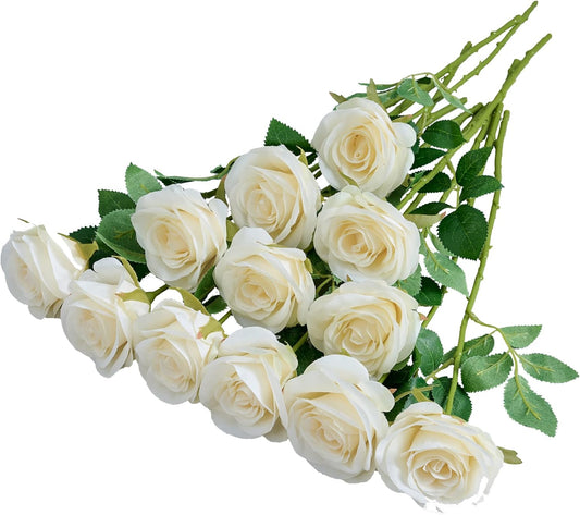 12pcs Ivory Roses Artificial Flowers Silk Flowers Fake Roses with Long Stems for Wedding Decor Home Decor Baby Shower Party Centerpieces Decorations