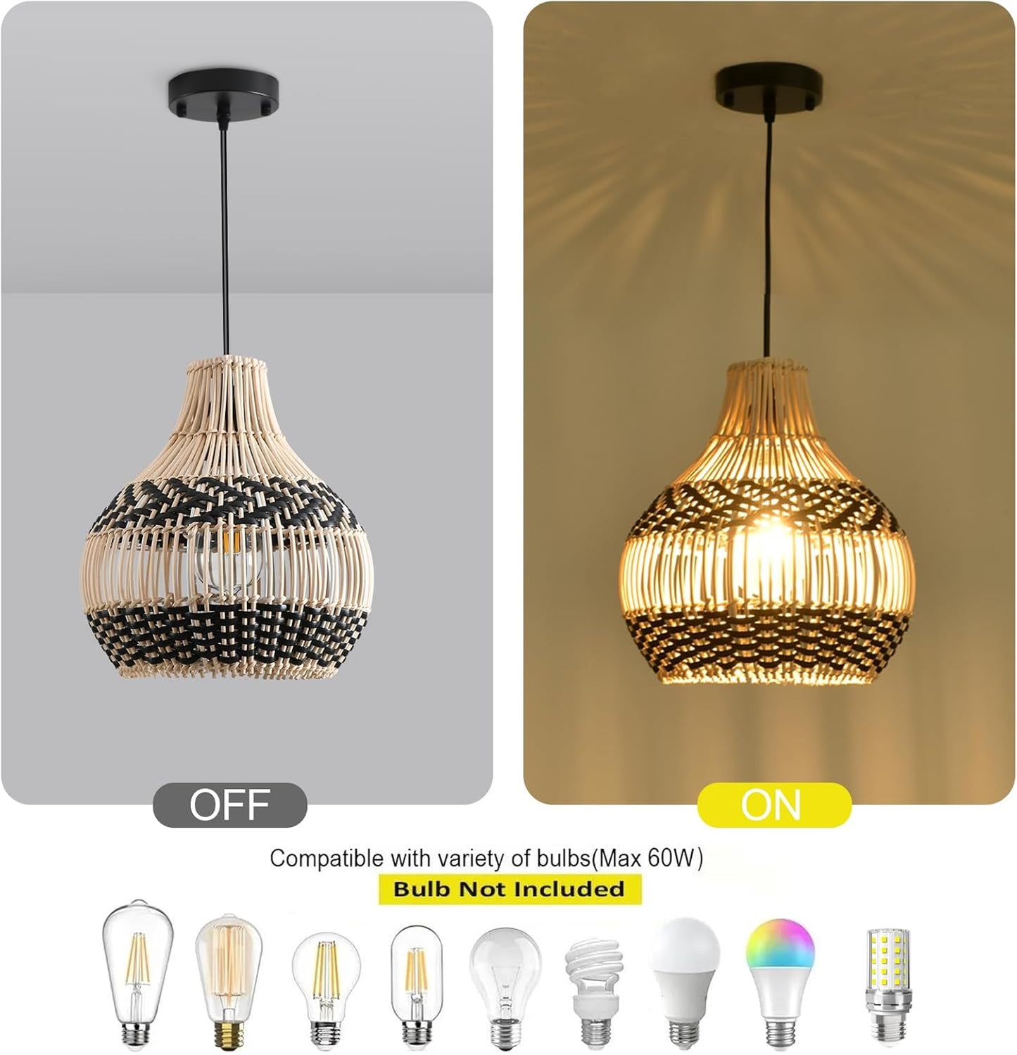 3-Pack Fax Rattan Pendant Light Fixture Mini Hand-Woven Black White Rattan Chandelier 10.24" Boho Wicker Hanging Lamp for Dining Living Bedroom Kitchen Farmhouse
