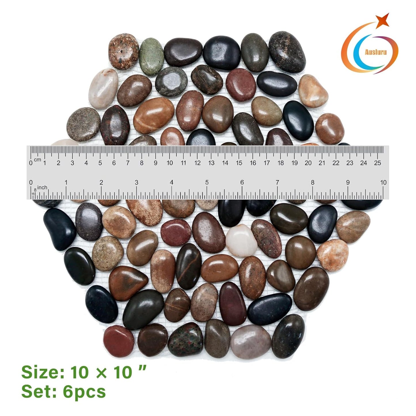 10in River Rock Stepping Stones Set - 6 Pack | Polished Pebble | Long-Lasting PVC Mesh Backing | Perfect for Garden Paths and Lawns Outdoor Landscaping Decoration | Mixed Rhombus