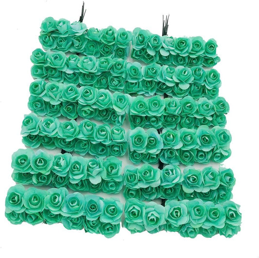 Mini Fake Rose Flower Heads 144pcs Mini Artificial Mulberry Paper Roses Flower with Wire Stem DIY Wedding Flowers Accessories Make Bridal Hair Clips Headbands Dress (Blue)