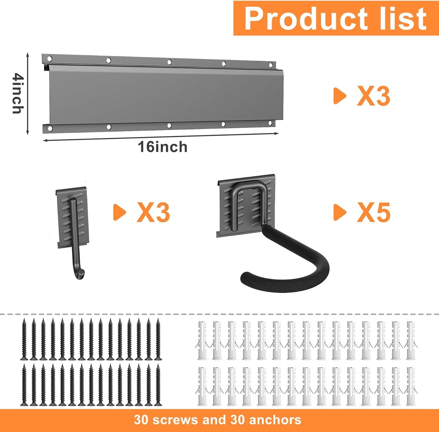 TORACK Wall Mounted Bike Storage Rack, Vertical Bikes Storage for Garage 5 Bikes Hangers for Wall, Modular Bicycle Storage Rack(3 Rails, 8 Hooks)