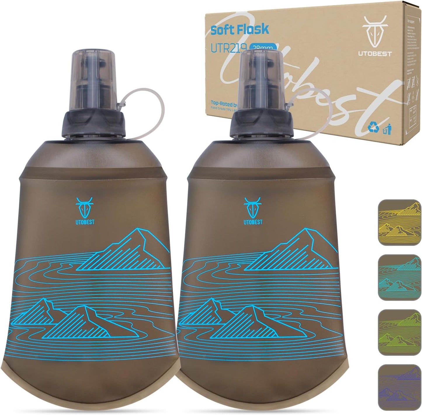 UTOBEST 200ml Soft Flask, 2 Pack Flexible TPU Hydration Water Bottle, Collapsible with 28mm Caliber for Running, Hiking, Cycling, Climbing, and Marathon Blue