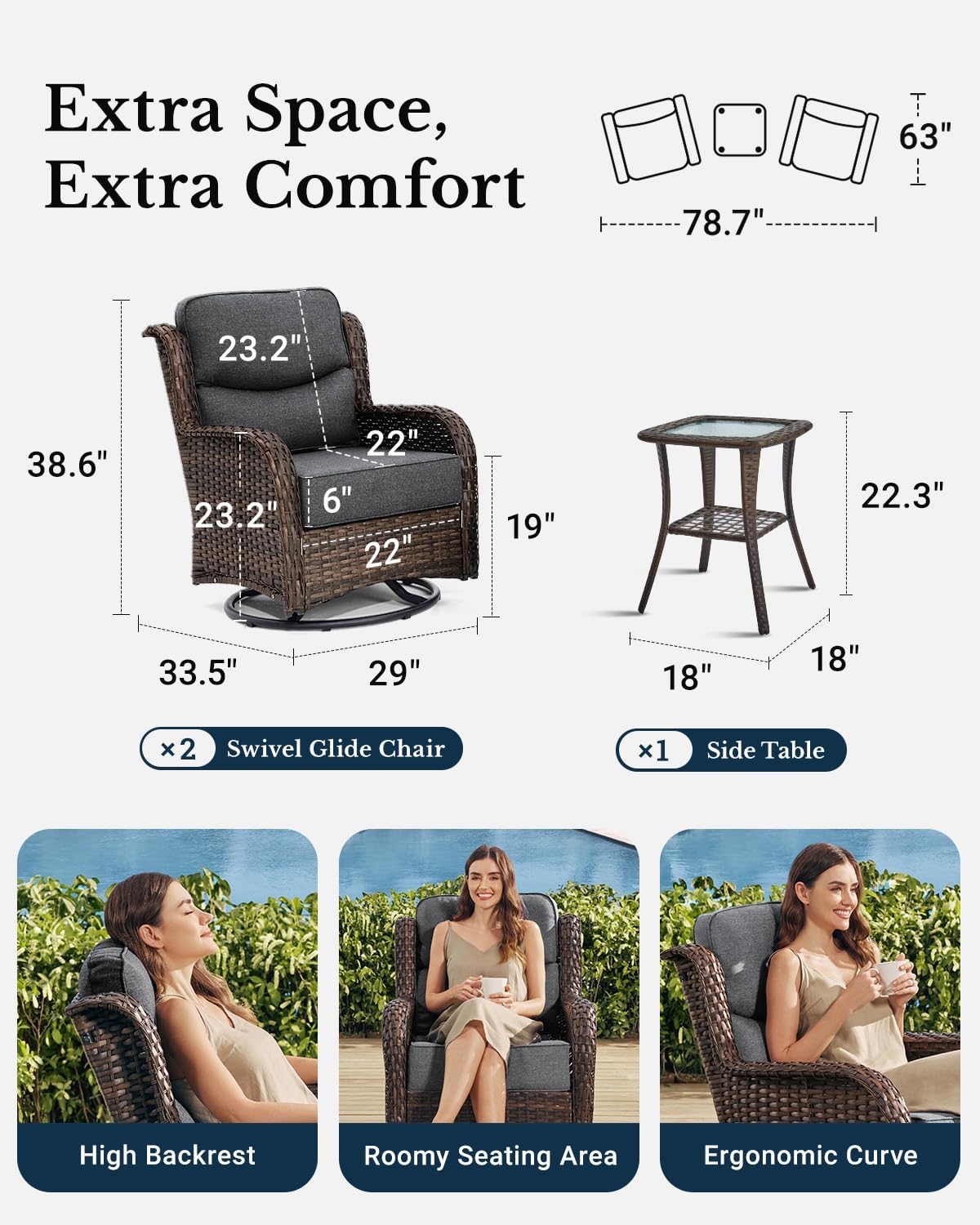 HILLGA Luxury Outdoor Swivel Rocker Patio Chairs of 2 with 6 Inch Thick Cushions and Side Table, Swivel Outdoor Chairs 3PCS High Back Wicker Patio Furniture Set for Porch, Balcony, Deck in Dark Grey