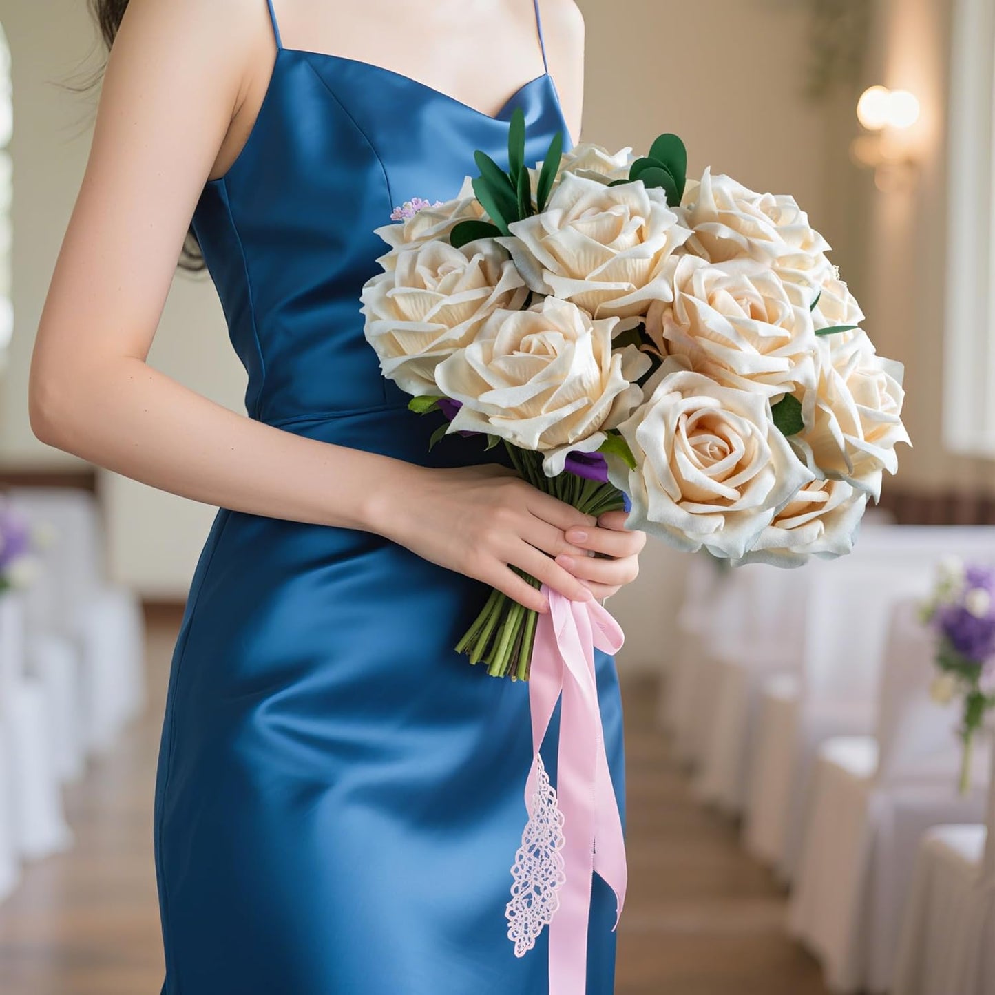 Fake Roses Faux Flowers 12PCS Silk Roses Artificial Roses with Stems Realistic Artificial Flowers Suitable for Indoor Home Decoration DIY Bouquet Wedding Decor Party Decor 16.5In (White)