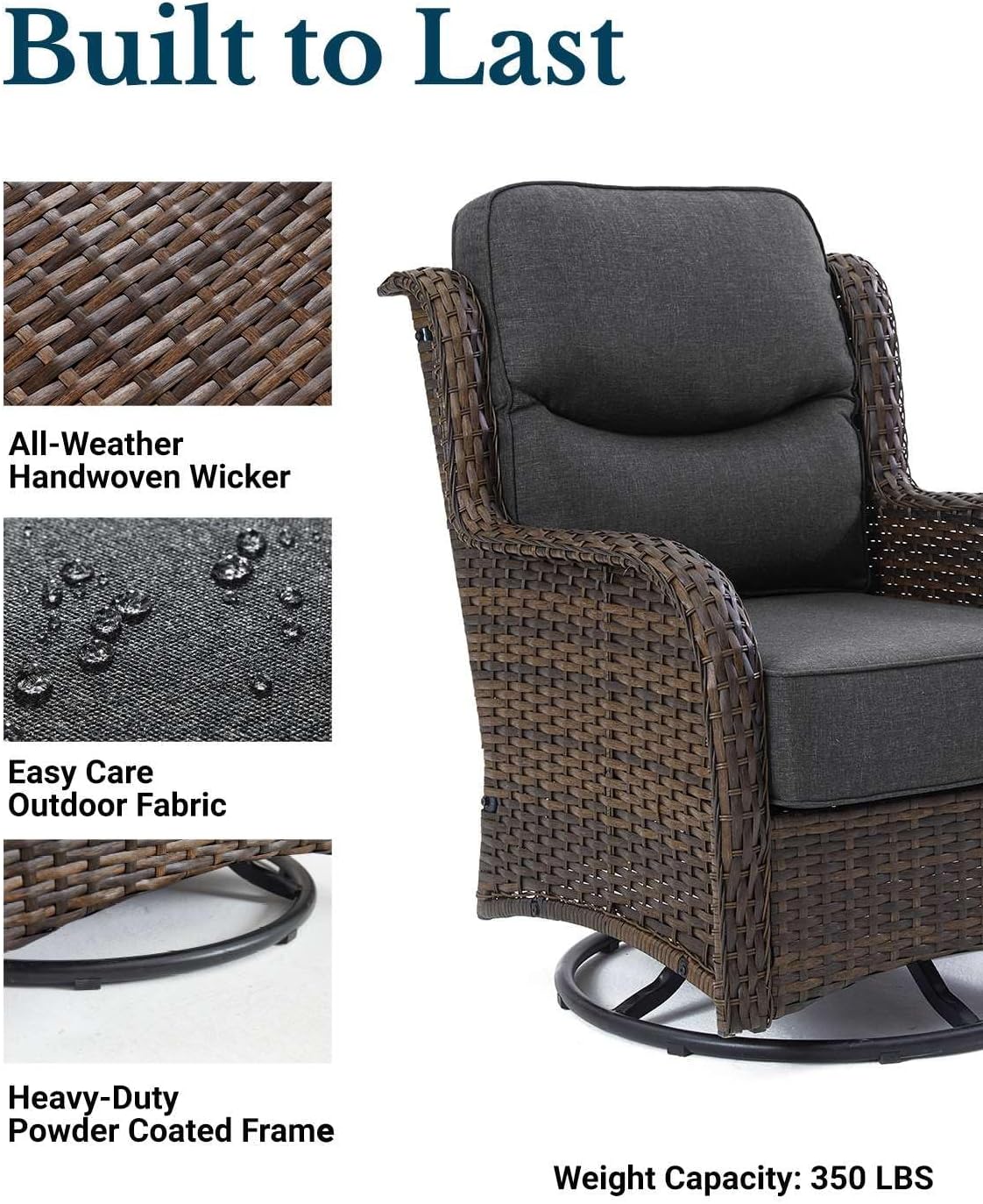 HILLGA Luxury Patio Furniture Set with 6-inch Thick Cushion, Outdoor High Back Swivel Rocker Patio Chairs, 6PCS Wicker Conversation Set for Deck Yard and Poolside, Dark Grey (V2)