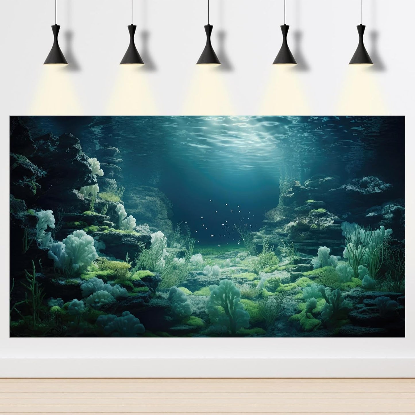 Aquarium Background Underwater Bioluminescent Life Coral Terrarium Backdrop White Coral Lush Moss Fish Tank Background Rock Sunlight Rays Tank Aquarium Wallpaper Poster Vinyl 36x24in