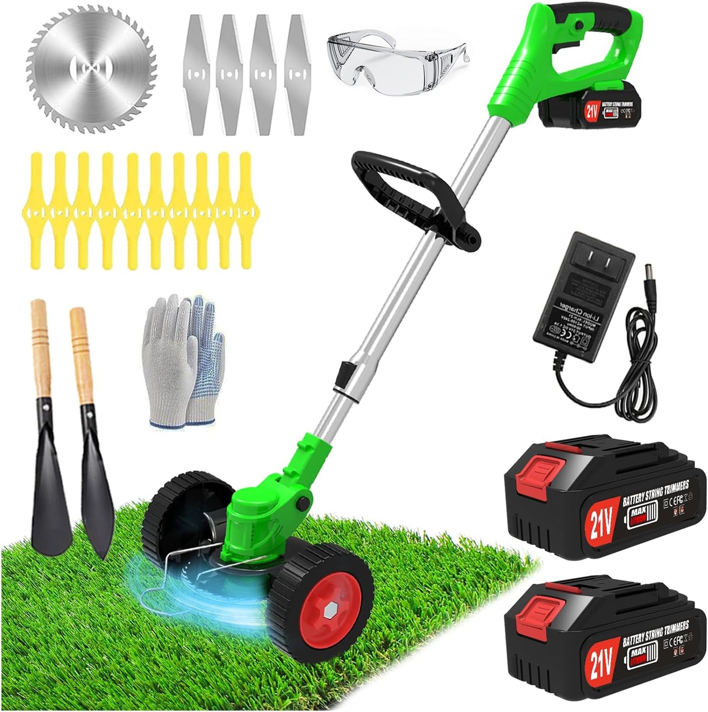 Electric Weed Wacker Eater Cordless Battery Powered, Weed Trimmer 21V Lightweight No-String with 2 Battery Operated & Wheels, 3 in 1 Stringless Grass Trimmer/Edger/Brush Cutter for Garden Yard Lawn