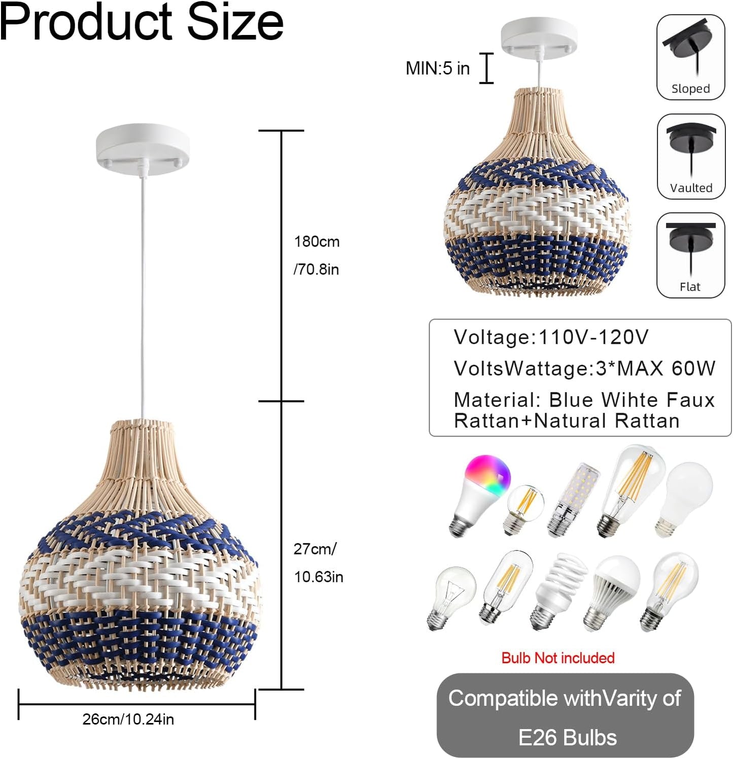 3-Pack Rattan Pendant Light Fixture 10.24" Blue White Hand-Woven Basket Fax Rattan Chandelier Boho Mini Wicker Hanging Lamp for Dining Living Bedroom Kitchen Farmhouse