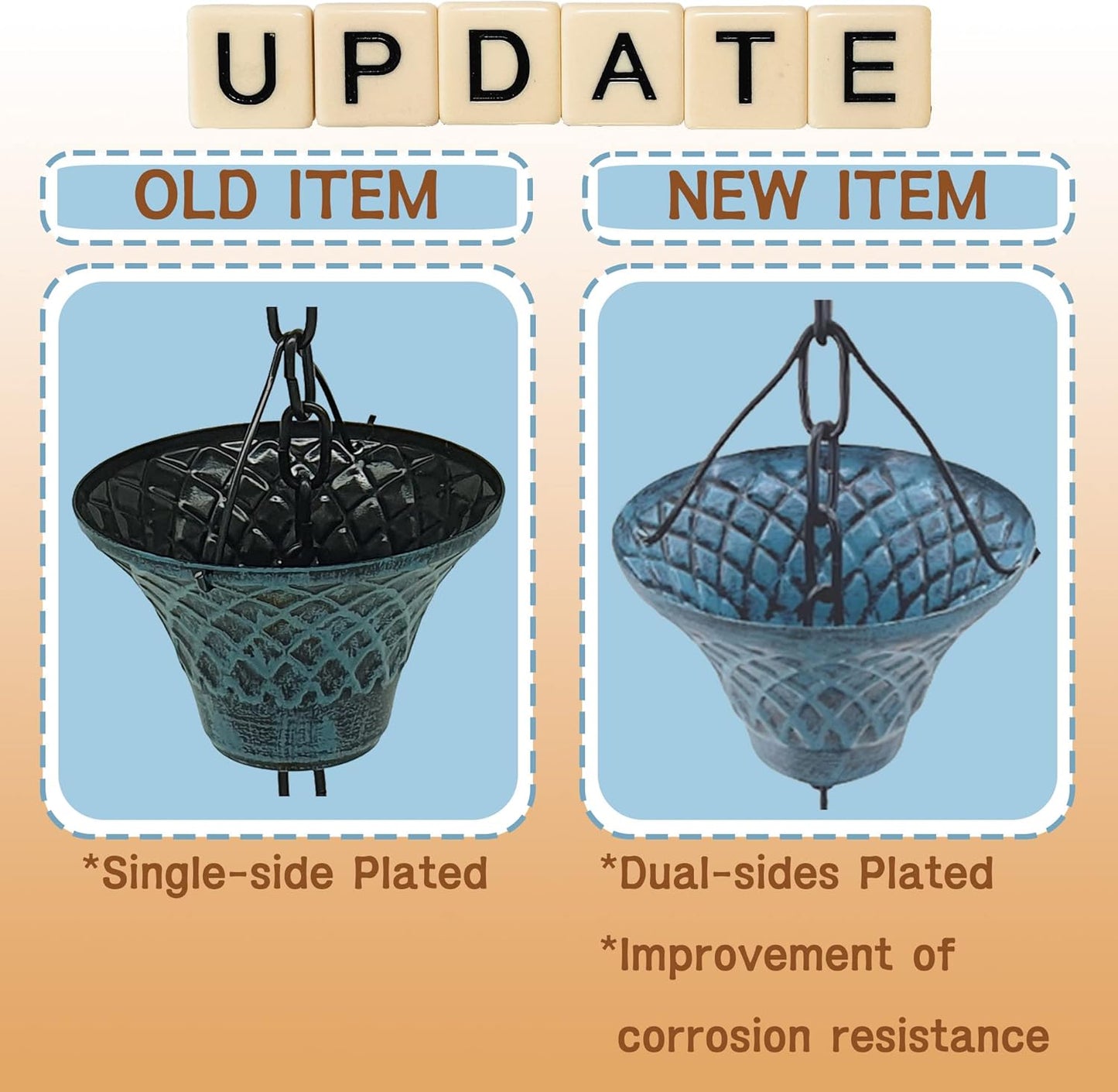 [Upgraded] 8.5FT Sky Blue Iron(Both-Sided) Rain Chains for Gutter and Rain Barrel, Rust-Resistant Plated Garden Décor Rain Chain for Downspout, W/Rain Chain Gutter Adapter, Earrings for House