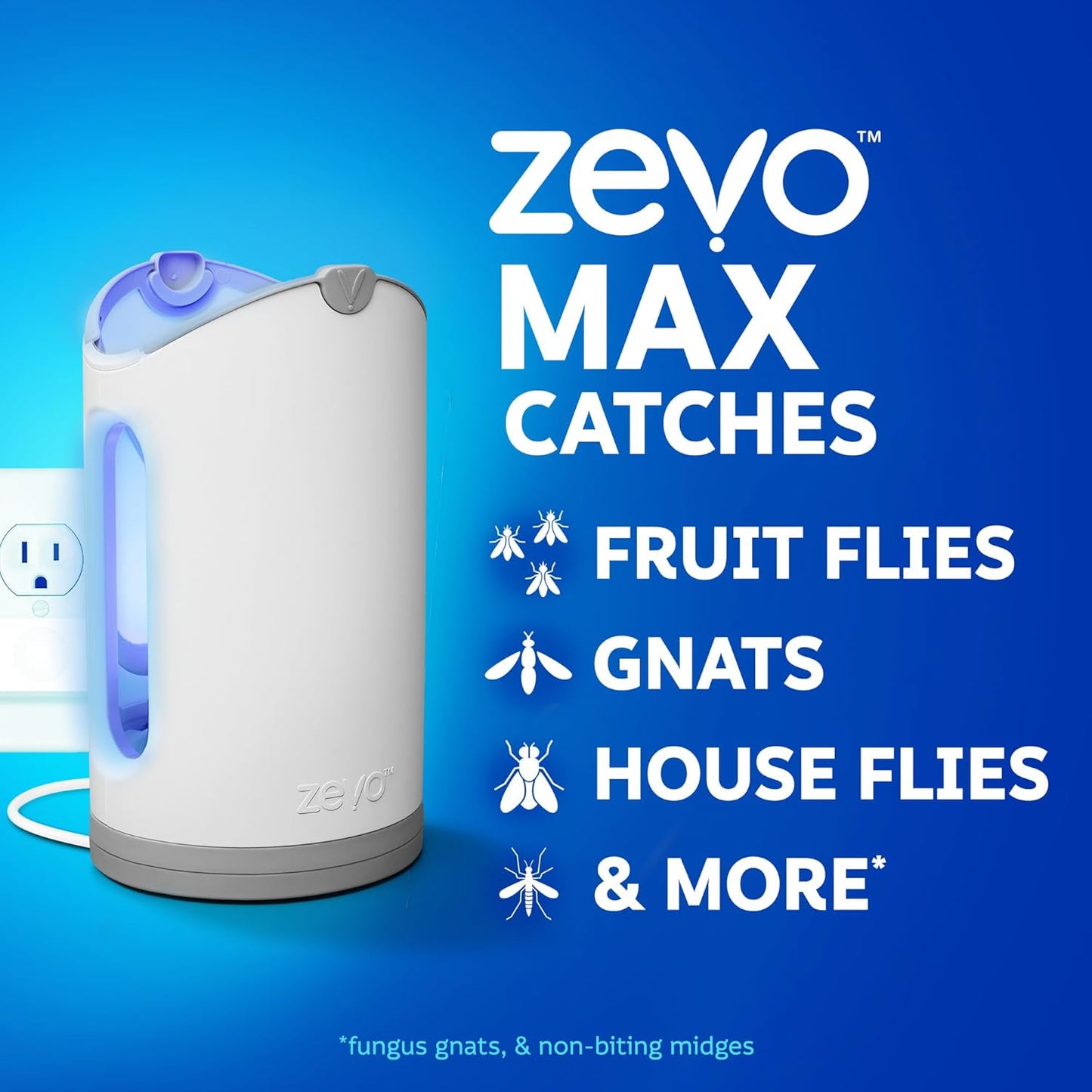 Zevo MAX Bug Catcher & Fly Trap for Indoors - Flying Insect Trap for Gnats, House & Fruit Flies - Use in Any Room - No-Mess Disposal (2 Plug in Bases & 4 Cartridges)