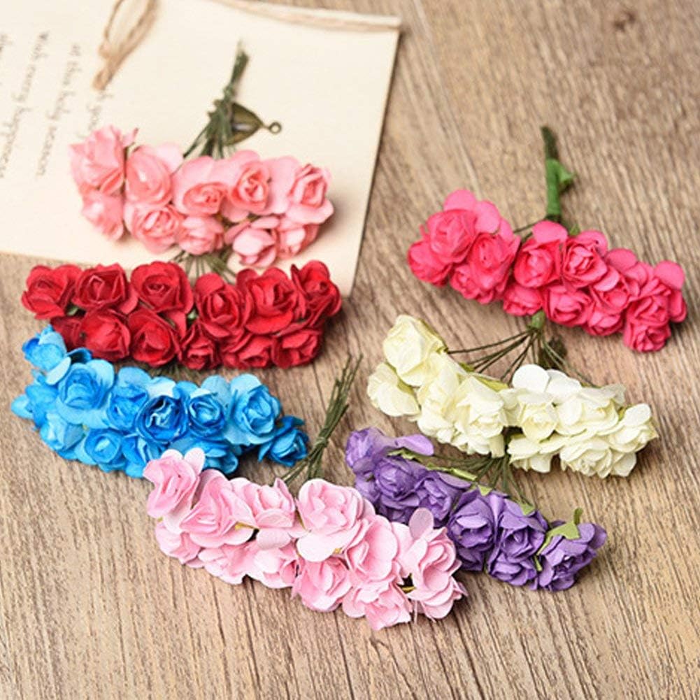 Mini Fake Rose Flower Heads 144pcs Mini Artificial Mulberry Paper Roses Flower with Wire Stem DIY Wedding Flowers Accessories Make Bridal Hair Clips Headbands Dress (Champagne)