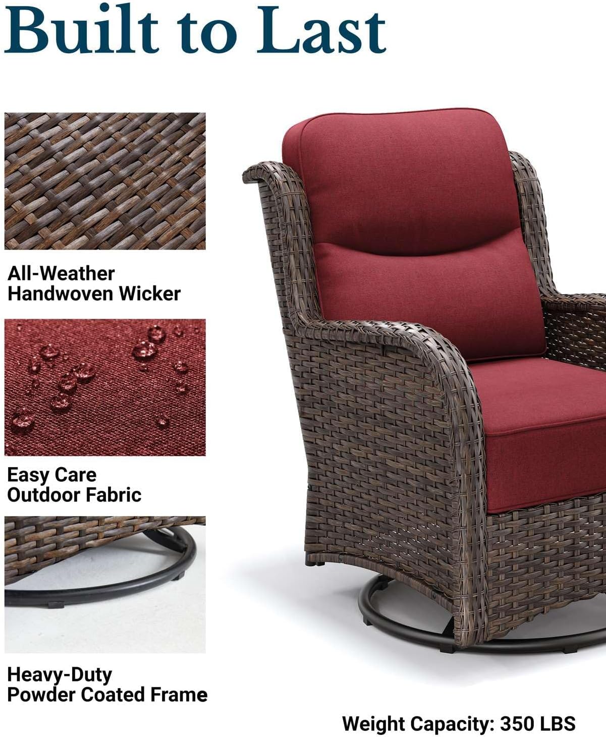 HILLGA Luxury Patio Furniture Set with 6-inch Thick Cushion, Outdoor High Back Swivel Rocker Patio Chairs, 6PCS Wicker Conversation Set for Deck Yard and Poolside, Burgundy (V2)