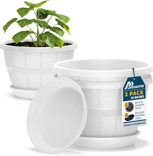 10-Inch Whiskey Barrel Planters Outdoor Pack of 2 - Durable Plastic Plant Pots for Indoor & Outdoor Use with Drainage & Saucer, Lightweight Rustic Barrel Planters for Flowers, Herbs & Small Plants